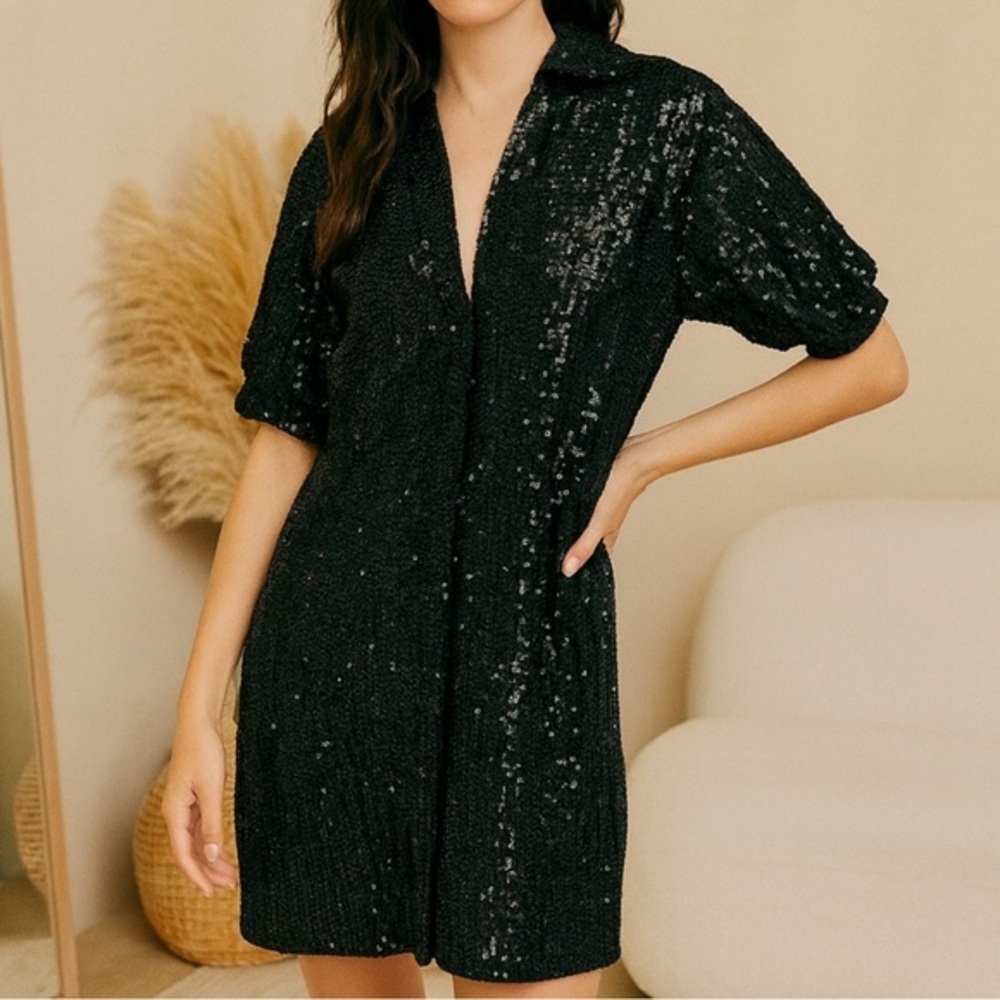 Every Sequin Collared Button Down Mini Dress in Black